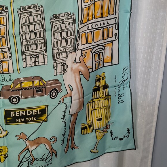Henri Bendel 100% Silk Scarf, NYC motif, 34"X34"  Aqua Background - Picture 3 of 7